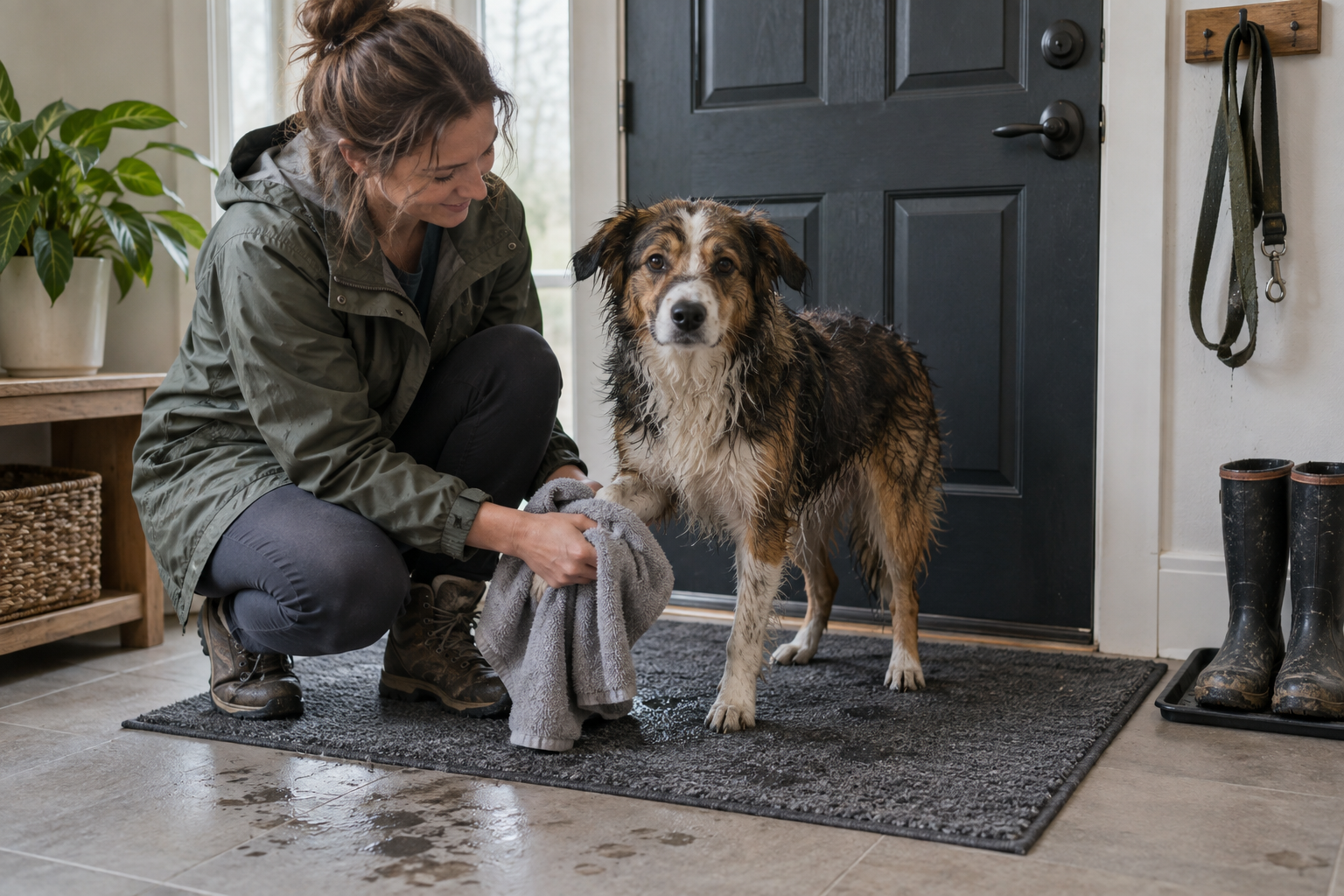 An owner dries a wet dog's paws with a towel on an entryway mat after a rainy walk